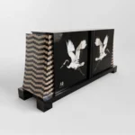 turna kuşu motifli özel üretim büfe, krem lake özel ölçü sideboard, siyah basamak kaideli sipariş mobilya, art deco çizgili ısmarlama mobilya büfe, dekoratif kuş desenli luxury cabinet