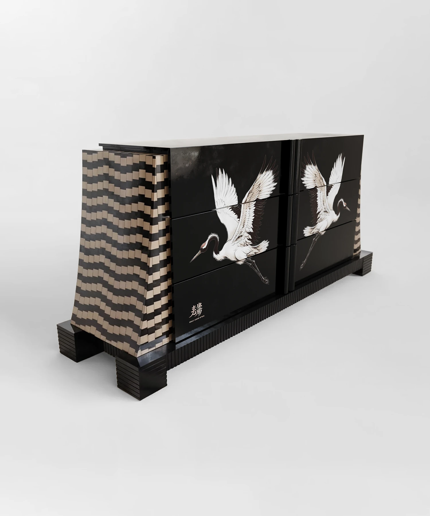 turna kuşu motifli özel üretim büfe, krem lake özel ölçü sideboard, siyah basamak kaideli sipariş mobilya, art deco çizgili ısmarlama mobilya büfe, dekoratif kuş desenli luxury cabinet