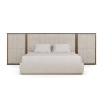 krem boucle panelli özel üretim karyola, ahşap çerçeveli özel ölçü yatak başı, modüler duvar panelli sipariş mobilya karyola, alçak döşemeli ısmarlama mobilya yatak, soft luxury master bedroom karyola