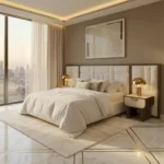 krem boucle panelli özel üretim karyola, ahşap çerçeveli özel ölçü yatak başı, modüler duvar panelli sipariş mobilya karyola, alçak döşemeli ısmarlama mobilya yatak, soft luxury master bedroom karyola