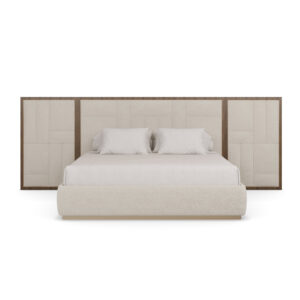 krem boucle panelli özel üretim karyola, ahşap çerçeveli özel ölçü yatak başı, modüler duvar panelli sipariş mobilya karyola, alçak döşemeli ısmarlama mobilya yatak, soft luxury master bedroom karyola