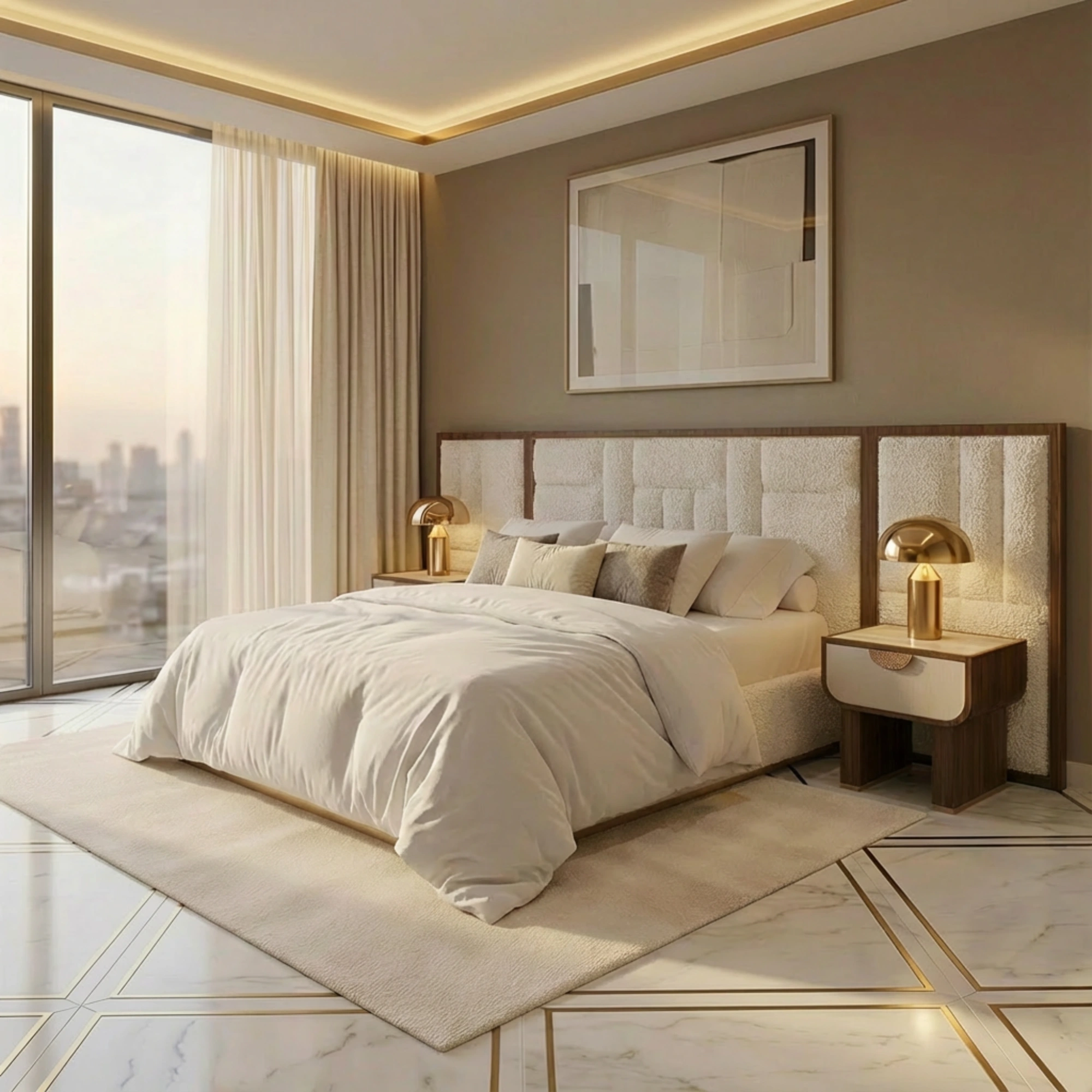 krem boucle panelli özel üretim karyola, ahşap çerçeveli özel ölçü yatak başı, modüler duvar panelli sipariş mobilya karyola, alçak döşemeli ısmarlama mobilya yatak, soft luxury master bedroom karyola