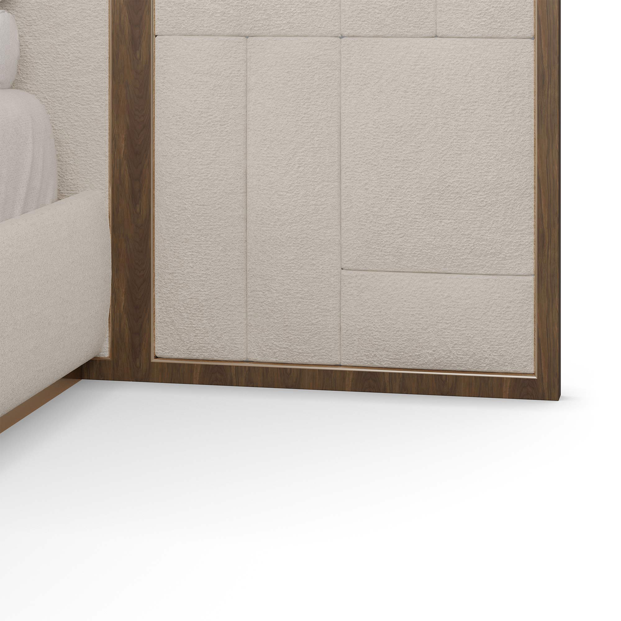 krem boucle panelli özel üretim karyola, ahşap çerçeveli özel ölçü yatak başı, modüler duvar panelli sipariş mobilya karyola, alçak döşemeli ısmarlama mobilya yatak, soft luxury master bedroom karyola