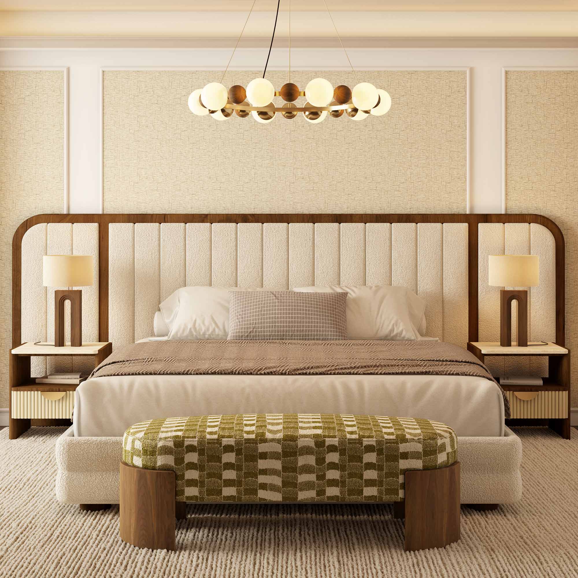 taba döşemeli özel üretim karyola, ceviz çerçeveli özel ölçü yatak başı, dikey panelli sipariş mobilya karyola, yuvarlatılmış köşeli ısmarlama mobilya yatak, sıcak luxury master bedroom karyol