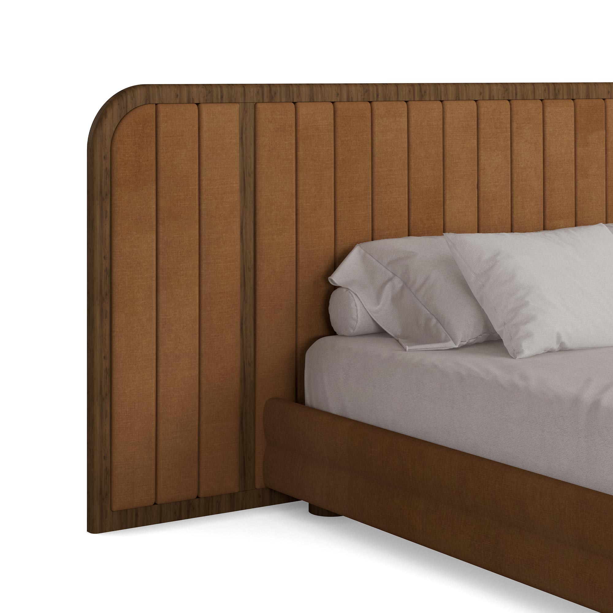 taba döşemeli özel üretim karyola, ceviz çerçeveli özel ölçü yatak başı, dikey panelli sipariş mobilya karyola, yuvarlatılmış köşeli ısmarlama mobilya yatak, sıcak luxury master bedroom karyol