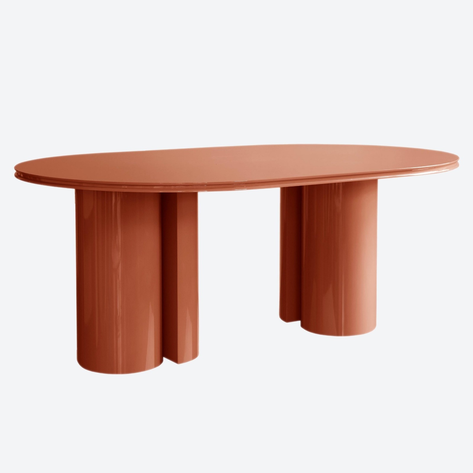 terracotta parlak lake özel üretim yemek masası, silindirik ayaklı özel ölçü dining table, oval tablalı sipariş mobilya masa, monokrom lake ısmarlama mobilya tasarımı, modern lüks yemek odası masası