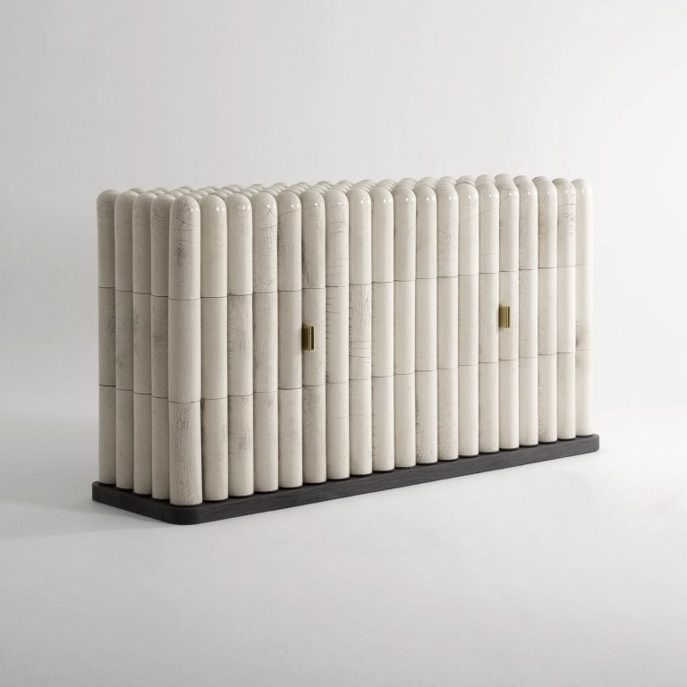 raku dokulu luxury bufe, collectible design modern buffet, contemporary artisan storage cabinet, ozel uretim heykelsi bufet, silindirik formlu luxury konsol