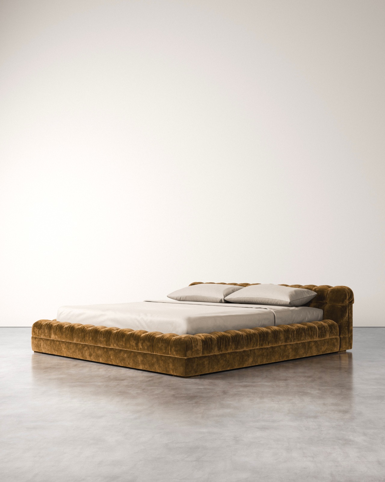 kapitone kadife modern karyola, düşük platform luxury bed, özel üretim italyan tarzı yatak, oversized contemporary karyola, tütün renkli tasarım yatak
