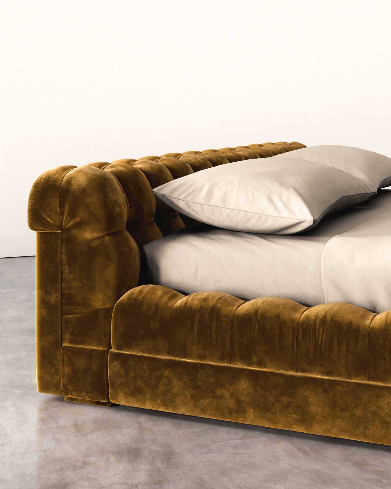 kapitone kadife modern karyola, düşük platform luxury bed, özel üretim italyan tarzı yatak, oversized contemporary karyola, tütün renkli tasarım yatak
