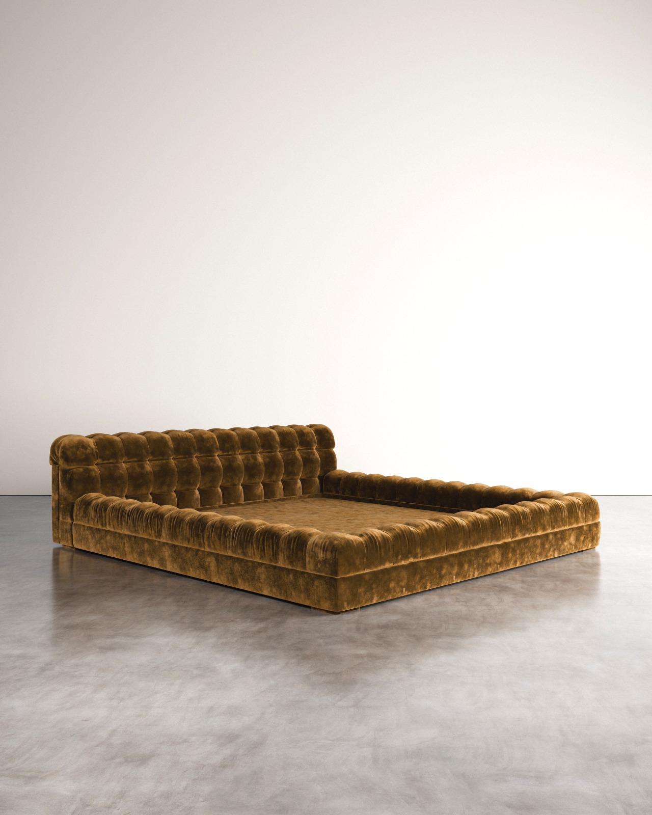 kapitone kadife modern karyola, düşük platform luxury bed, özel üretim italyan tarzı yatak, oversized contemporary karyola, tütün renkli tasarım yatak