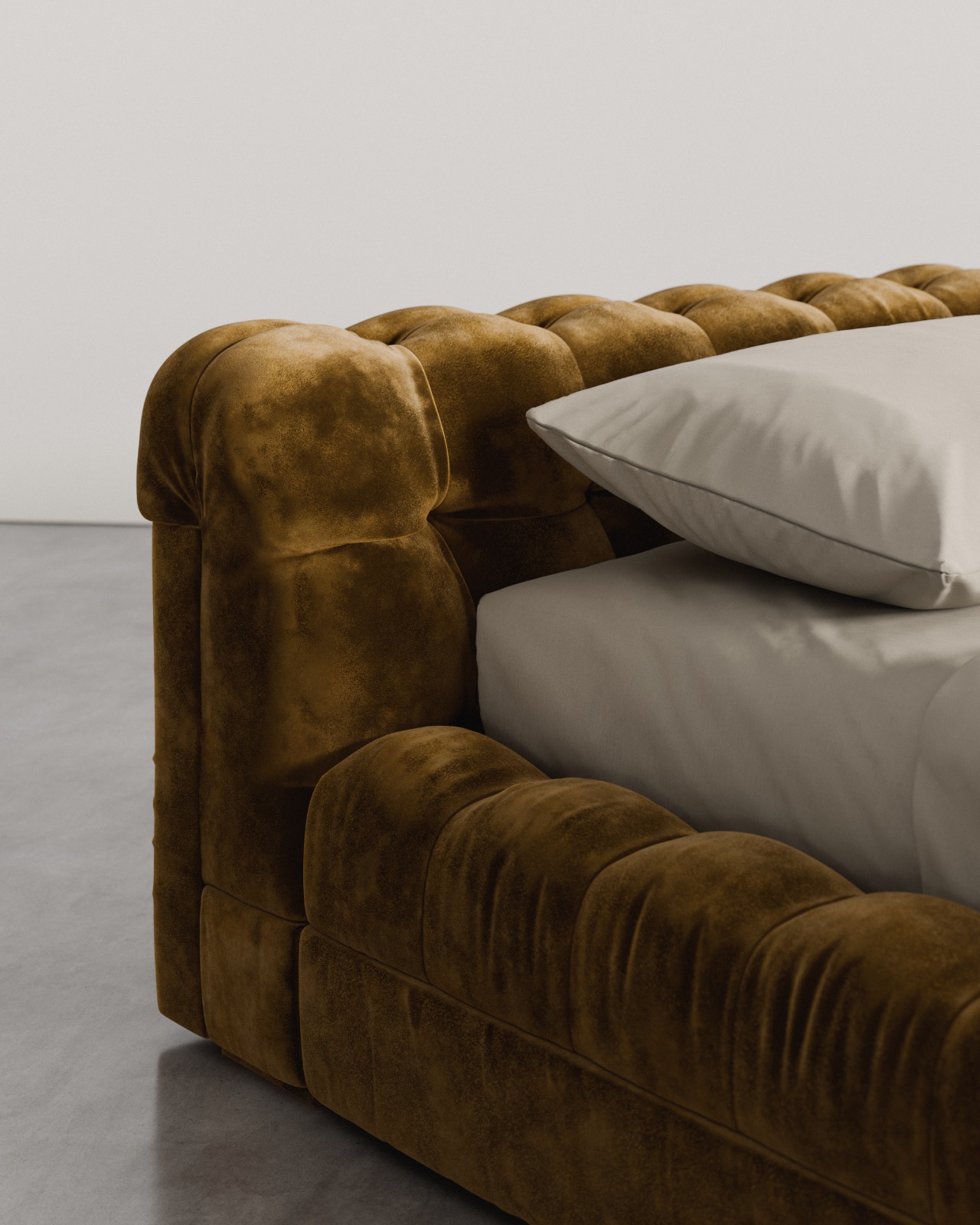 kapitone kadife modern karyola, düşük platform luxury bed, özel üretim italyan tarzı yatak, oversized contemporary karyola, tütün renkli tasarım yatak