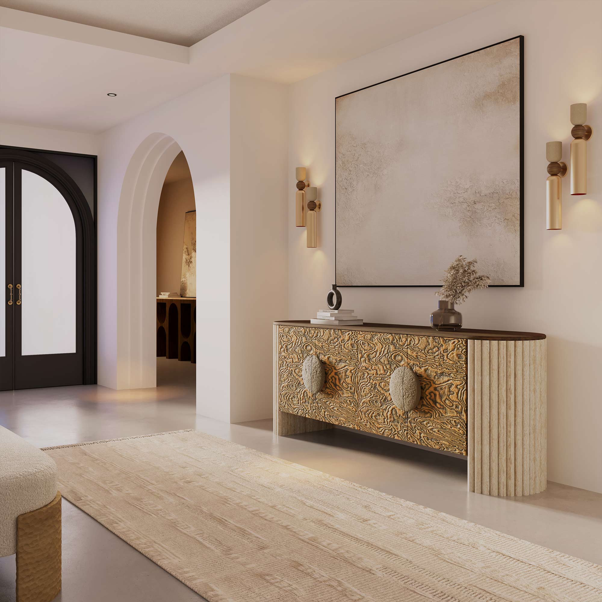 dumanlı desenli özel üretim büfe, fitilli krem ayaklı özel ölçü sideboard, koyu ceviz tablalı sipariş mobilya, yuvarlak kulplu ısmarlama mobilya büfe, dekoratif ahşap yüzeyli luxury sideboard