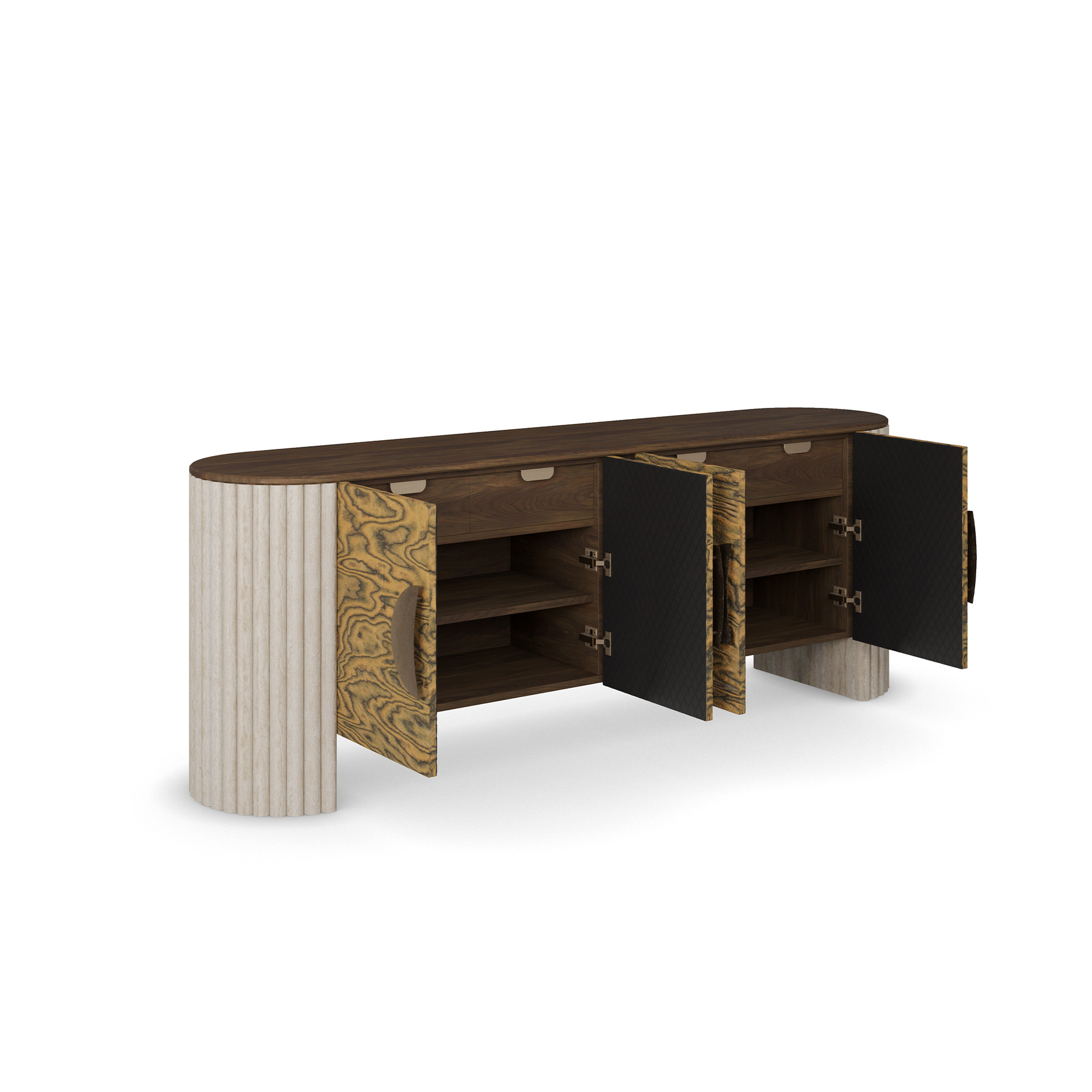 dumanlı desenli özel üretim büfe, fitilli krem ayaklı özel ölçü sideboard, koyu ceviz tablalı sipariş mobilya, yuvarlak kulplu ısmarlama mobilya büfe, dekoratif ahşap yüzeyli luxury sideboard