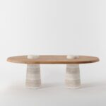 alcopon yemek masası, oval meşe masa, traverten ayaklı yemek masası, özel üretim contemporary dining table, sculptural modern masa