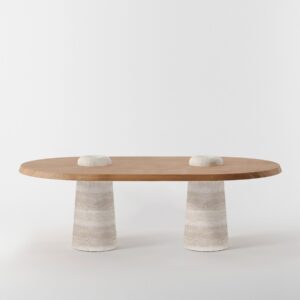 alcopon yemek masası, oval meşe masa, traverten ayaklı yemek masası, özel üretim contemporary dining table, sculptural modern masa