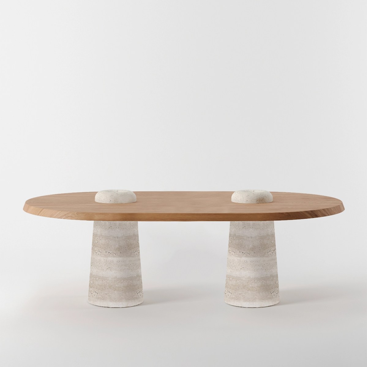 alcopon yemek masası, oval meşe masa, traverten ayaklı yemek masası, özel üretim contemporary dining table, sculptural modern masa