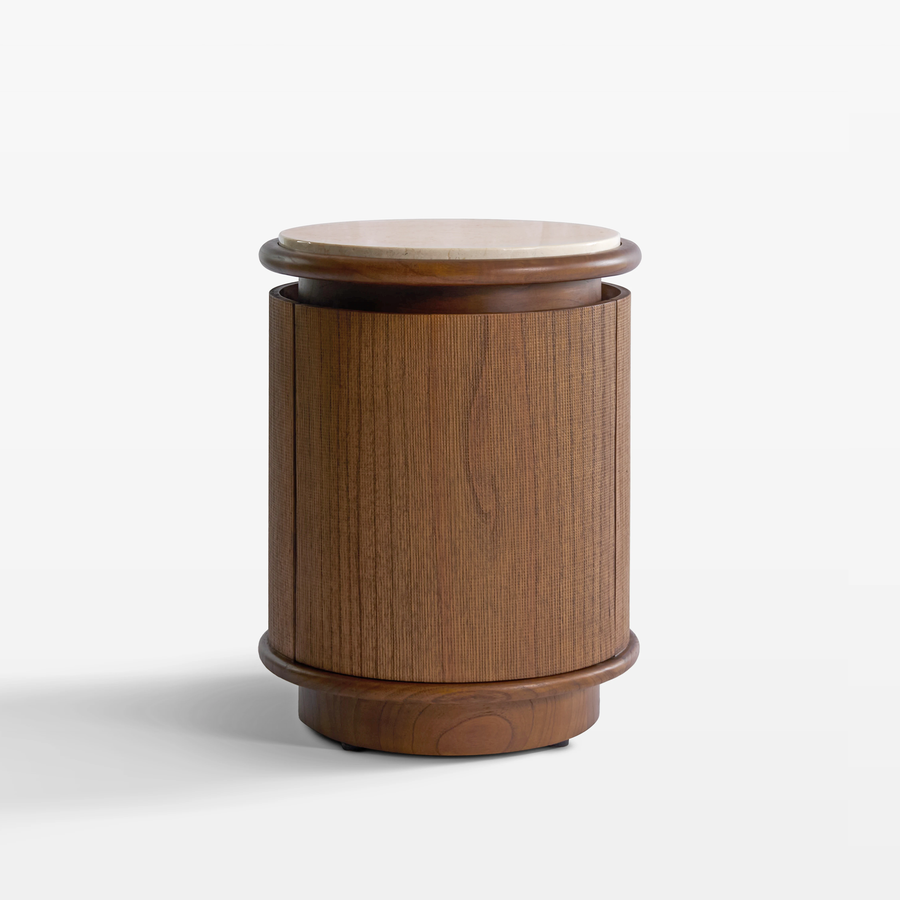 bruto komodin, cylindrical bedside table, mermer tablalı komodin, özel üretim luxury komodin, sculptural modern bedside table