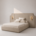 delia karyola, upholstered luxury bed, panel başlıklı contemporary yatak, özel üretim modern karyola, architectural bedroom furniture