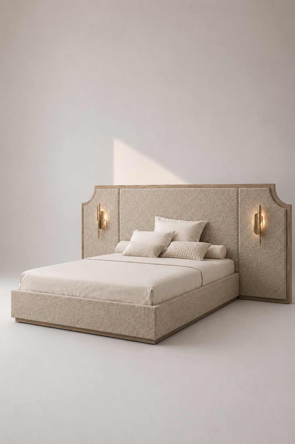 delia karyola, upholstered luxury bed, panel başlıklı contemporary yatak, özel üretim modern karyola, architectural bedroom furniture