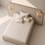 delia karyola, upholstered luxury bed, panel başlıklı contemporary yatak, özel üretim modern karyola, architectural bedroom furniture