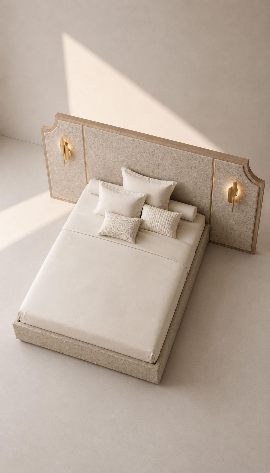 delia karyola, upholstered luxury bed, panel başlıklı contemporary yatak, özel üretim modern karyola, architectural bedroom furniture