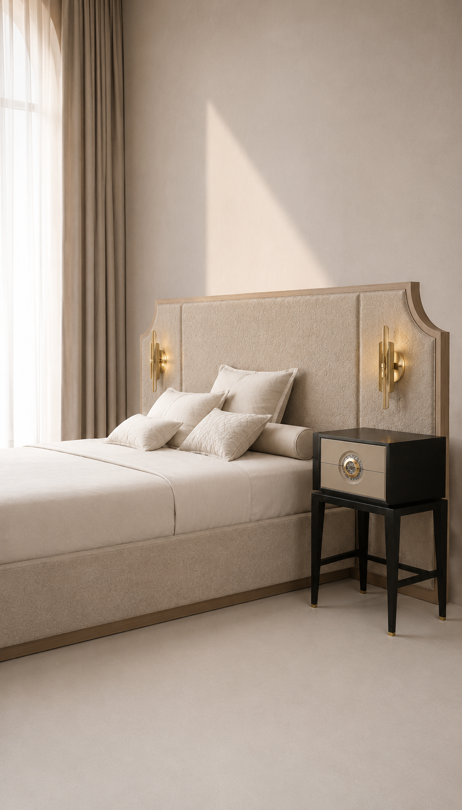 delia karyola, upholstered luxury bed, panel başlıklı contemporary yatak, özel üretim modern karyola, architectural bedroom furniture
