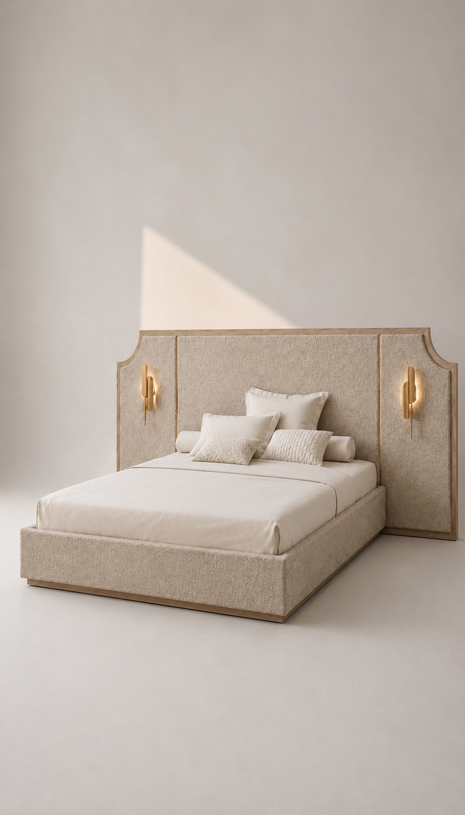 delia karyola, upholstered luxury bed, panel başlıklı contemporary yatak, özel üretim modern karyola, architectural bedroom furniture