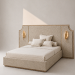 delia karyola, upholstered luxury bed, panel başlıklı contemporary yatak, özel üretim modern karyola, architectural bedroom furniture