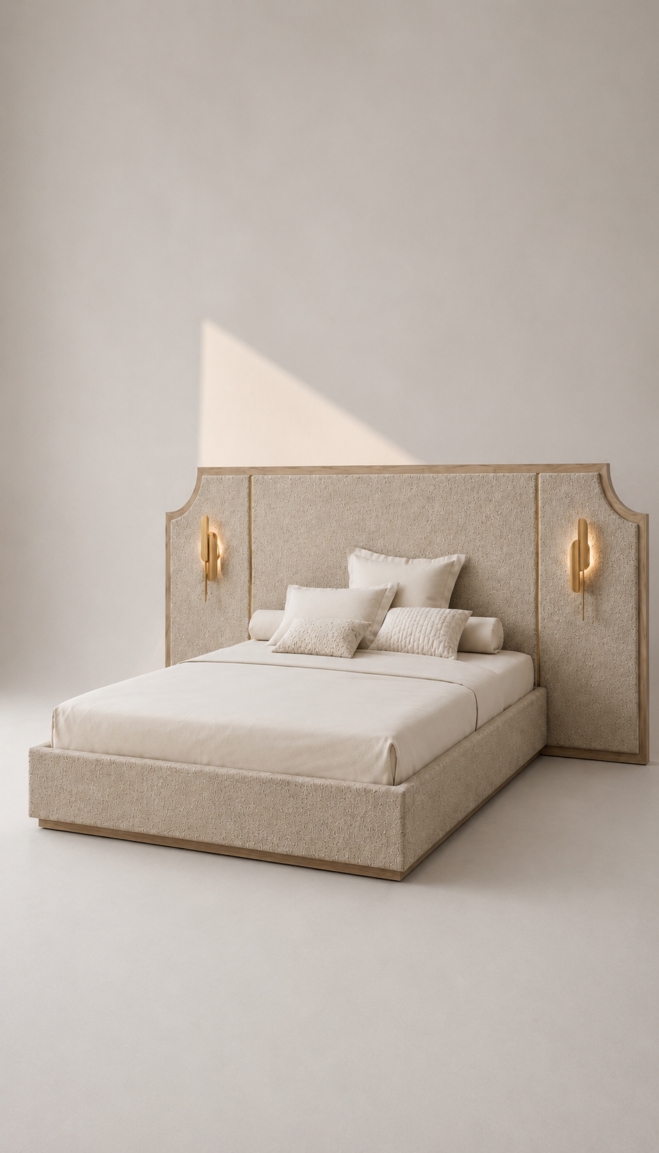 delia karyola, upholstered luxury bed, panel başlıklı contemporary yatak, özel üretim modern karyola, architectural bedroom furniture