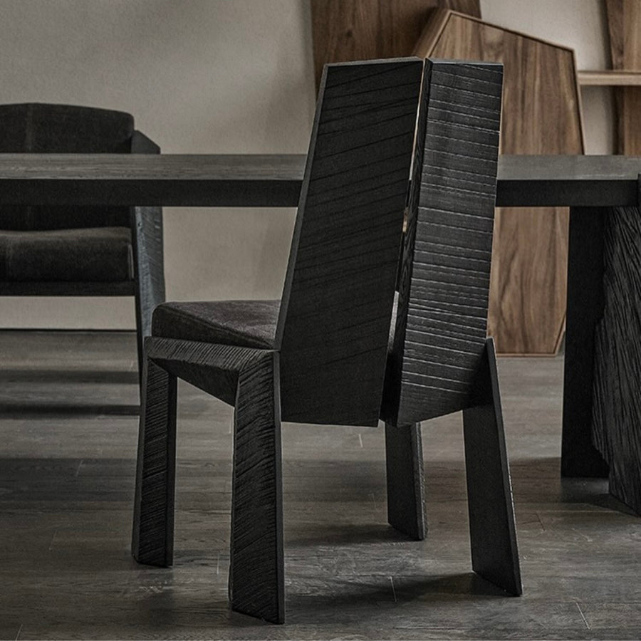 geometrik ahsap sandalye, brutalist dining chair, ozel uretim modern sandalye, black oak contemporary chair, sculptural collectible dining chair