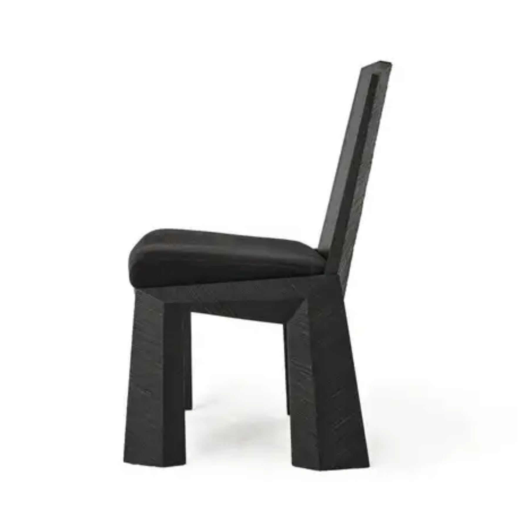 geometrik ahsap sandalye, brutalist dining chair, ozel uretim modern sandalye, black oak contemporary chair, sculptural collectible dining chair