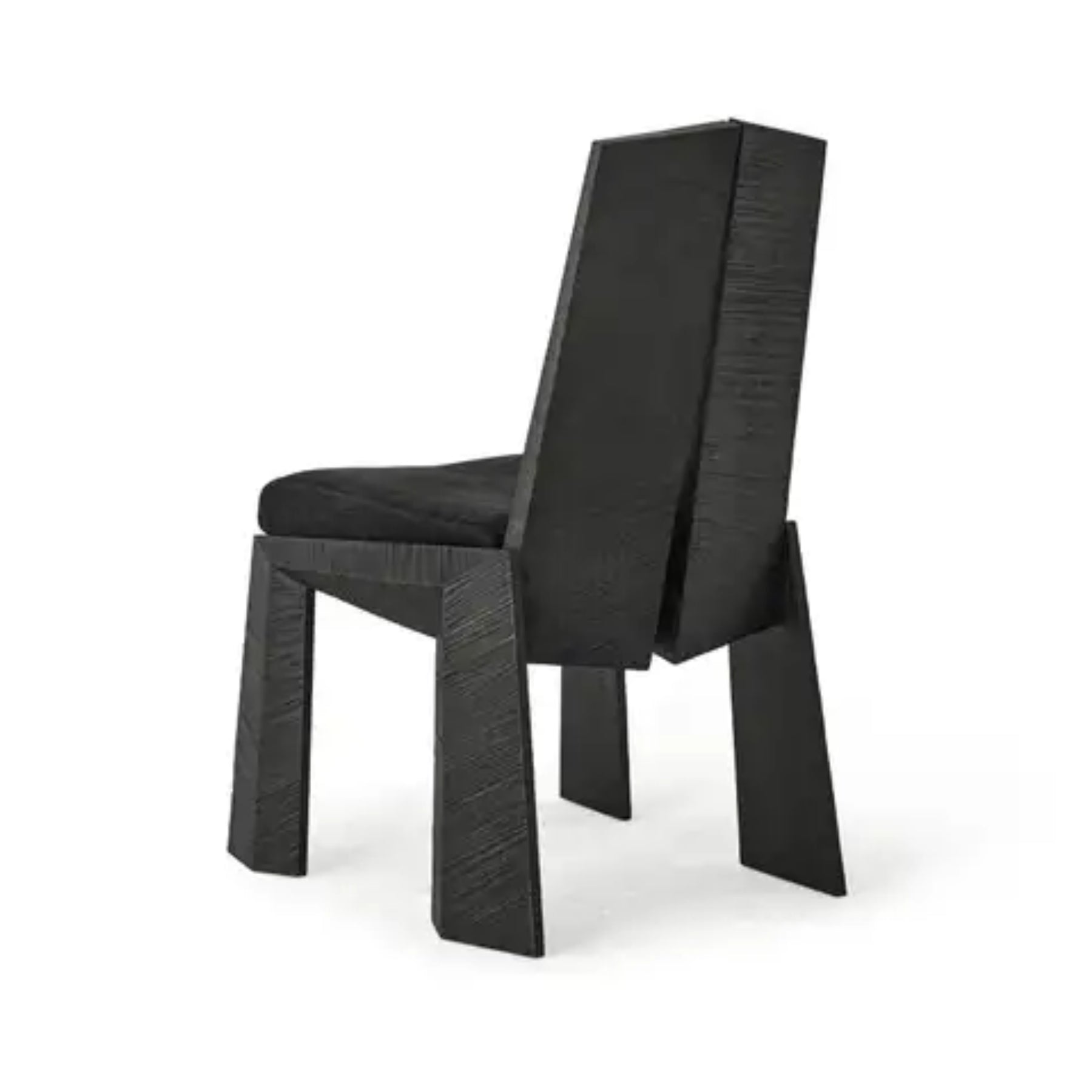 geometrik ahsap sandalye, brutalist dining chair, ozel uretim modern sandalye, black oak contemporary chair, sculptural collectible dining chair