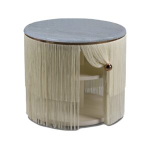 püsküllü komodin, mermer tablalı komodin, özel üretim yatak odası mobilyası, yuvarlak luxury bedside table, couture tasarım komodin