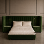 monza karyola, entegre komodinli luxury bed, yeşil kadife modern karyola, özel üretim contemporary bedroom furniture, hotel style collectible bed