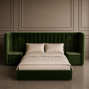 monza karyola, entegre komodinli luxury bed, yeşil kadife modern karyola, özel üretim contemporary bedroom furniture, hotel style collectible bed