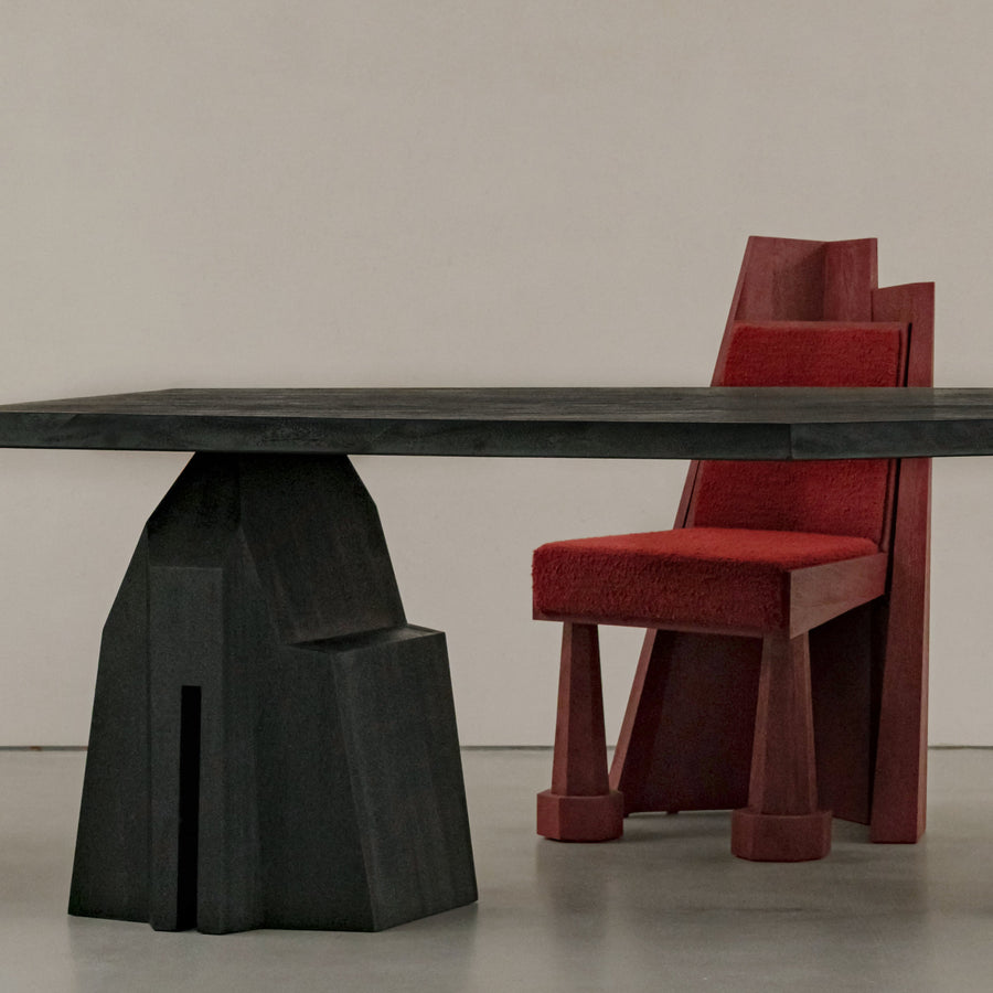 black oak designer chair, brutalist contemporary sandalye, collectible dining chair design, ozel uretim architectural seating, sculptural luxury ahsap sandalye