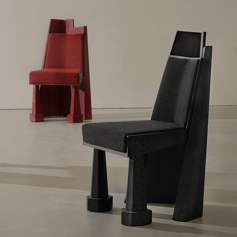 black oak designer chair, brutalist contemporary sandalye, collectible dining chair design, ozel uretim architectural seating, sculptural luxury ahsap sandalye
