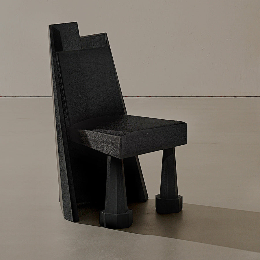 black oak designer chair, brutalist contemporary sandalye, collectible dining chair design, ozel uretim architectural seating, sculptural luxury ahsap sandalye