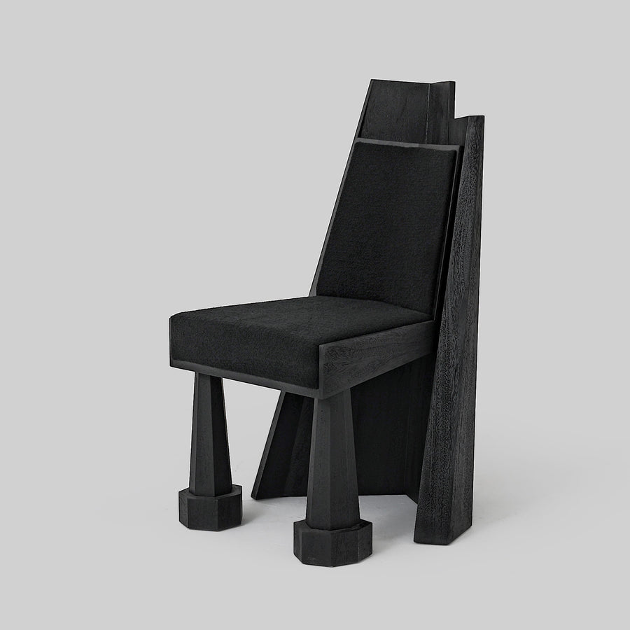 black oak designer chair, brutalist contemporary sandalye, collectible dining chair design, ozel uretim architectural seating, sculptural luxury ahsap sandalye