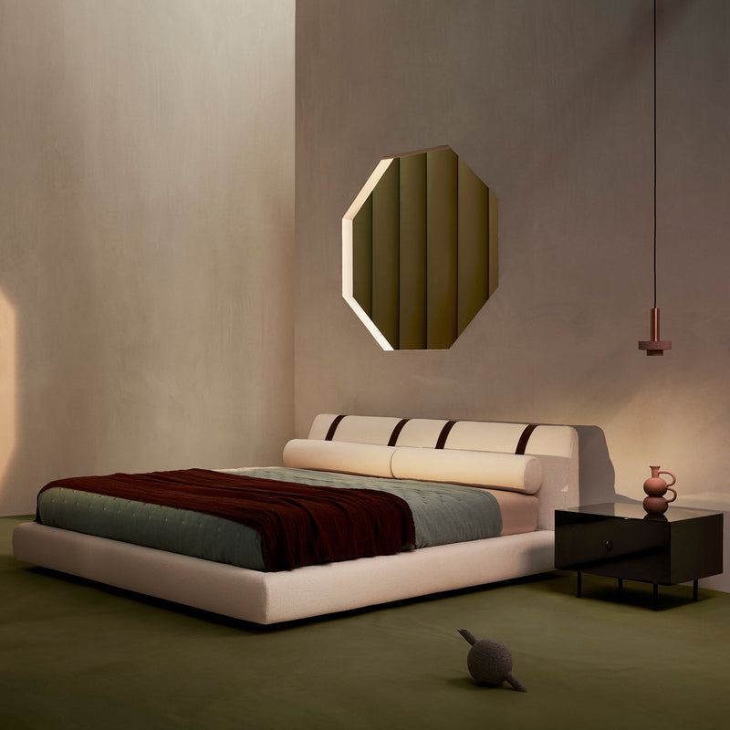 rolled headboard luxury bed, soft platform contemporary karyola, ozel uretim modern yatak tasarimi, minimal collectible bedroom furniture, upholstered designer platform bed