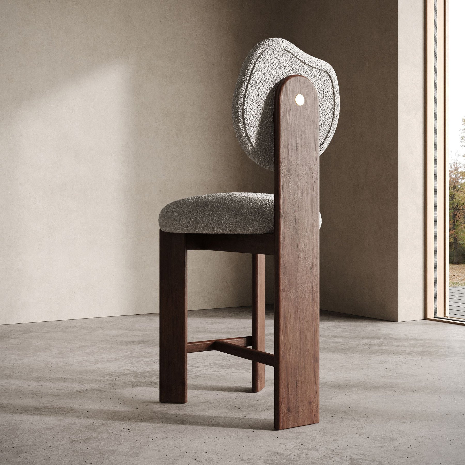 boucle bar sandalyesi, ozel uretim counter stool, contemporary ahsap bar sandalyesi, round back modern stool, luxury mutfak bar sandalyesi
