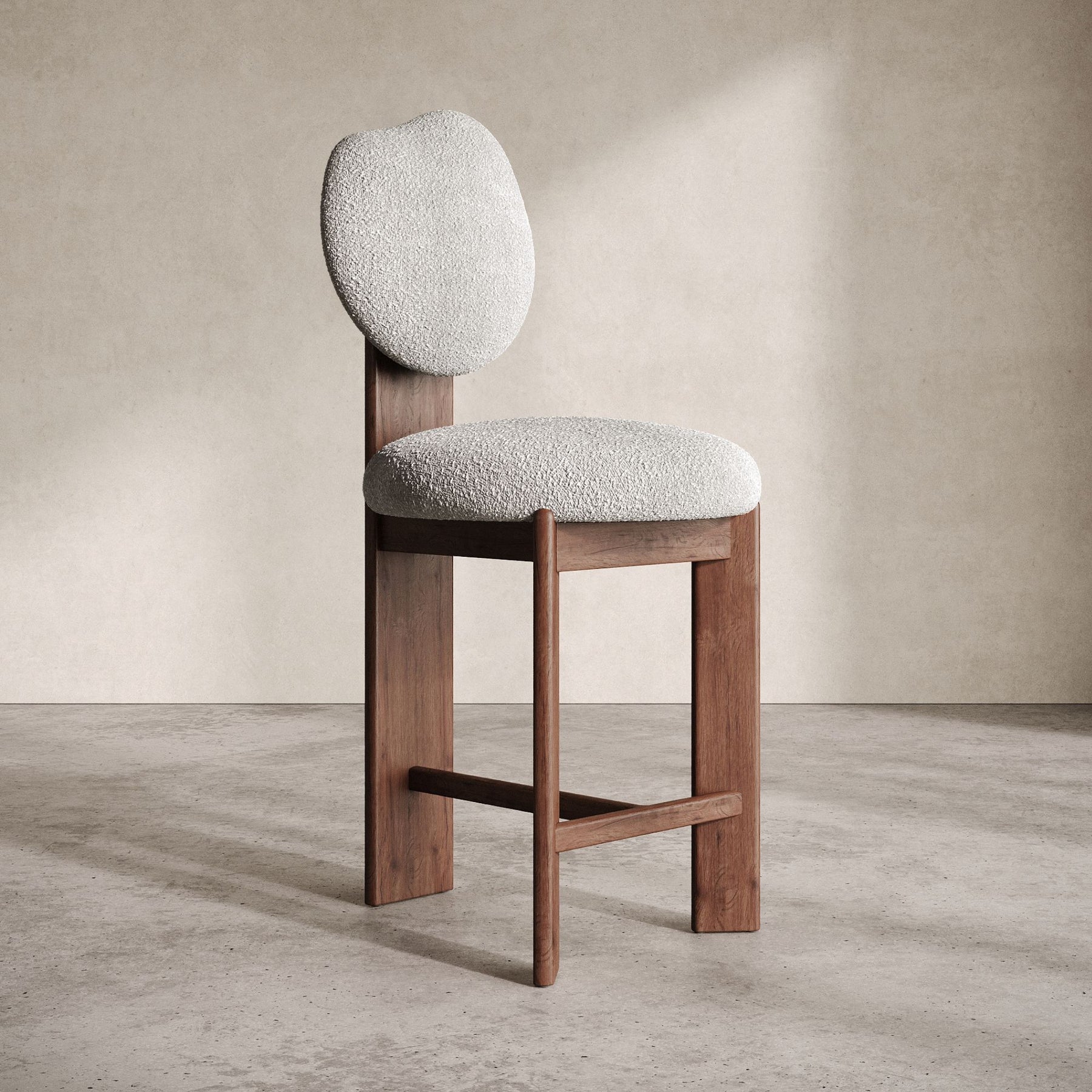 boucle bar sandalyesi, ozel uretim counter stool, contemporary ahsap bar sandalyesi, round back modern stool, luxury mutfak bar sandalyesi