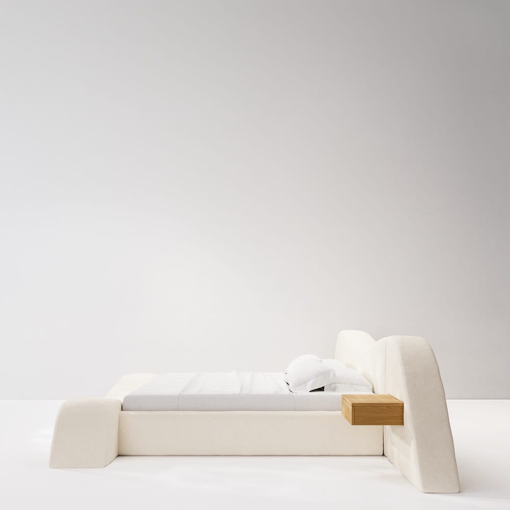 curved platform luxury bed, ozel uretim contemporary karyola, sculptural modern bedroom furniture, organic form designer yatak, soft minimal luxury karyola