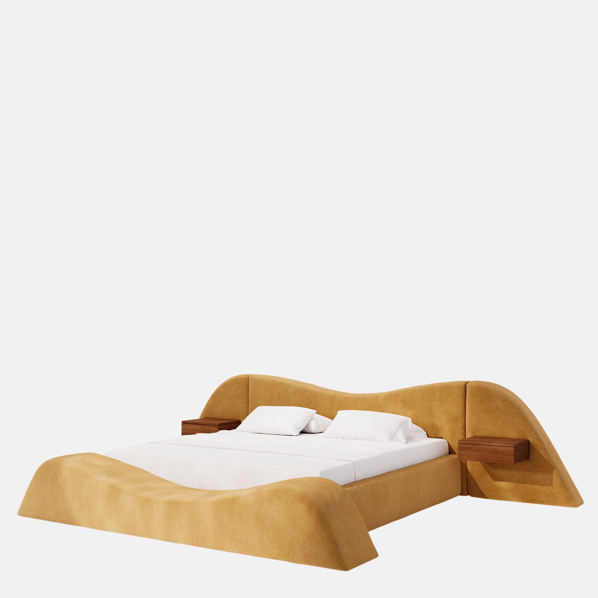 curved platform luxury bed, ozel uretim contemporary karyola, sculptural modern bedroom furniture, organic form designer yatak, soft minimal luxury karyola