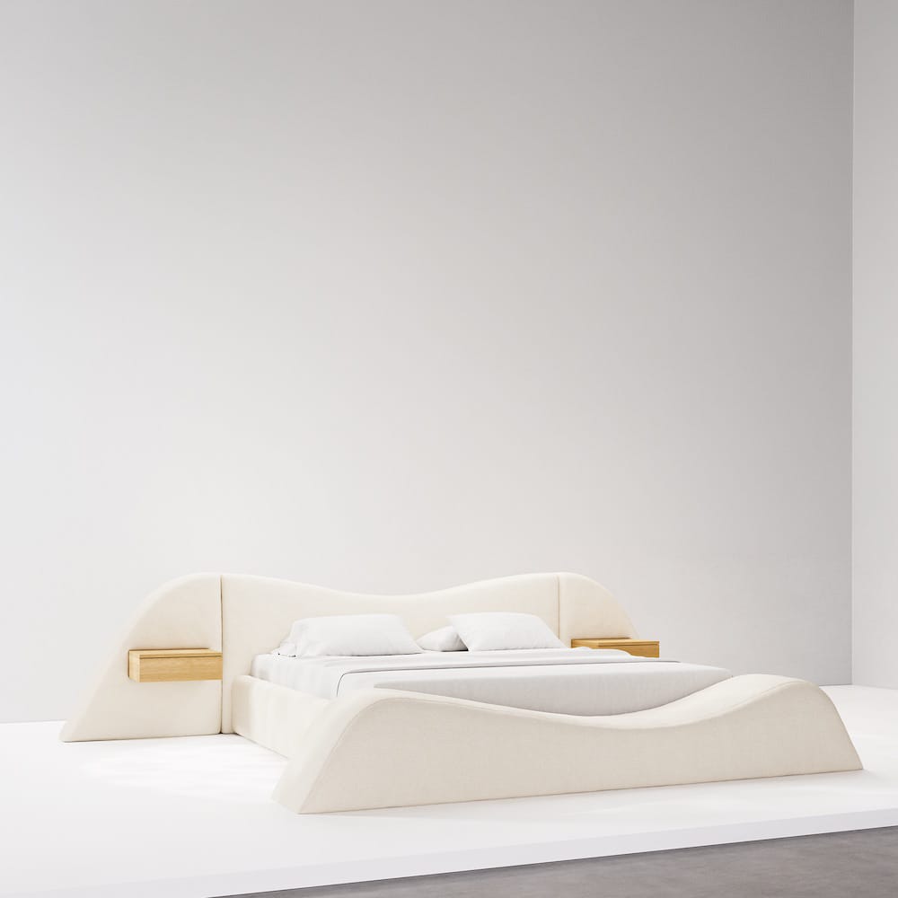 curved platform luxury bed, ozel uretim contemporary karyola, sculptural modern bedroom furniture, organic form designer yatak, soft minimal luxury karyola