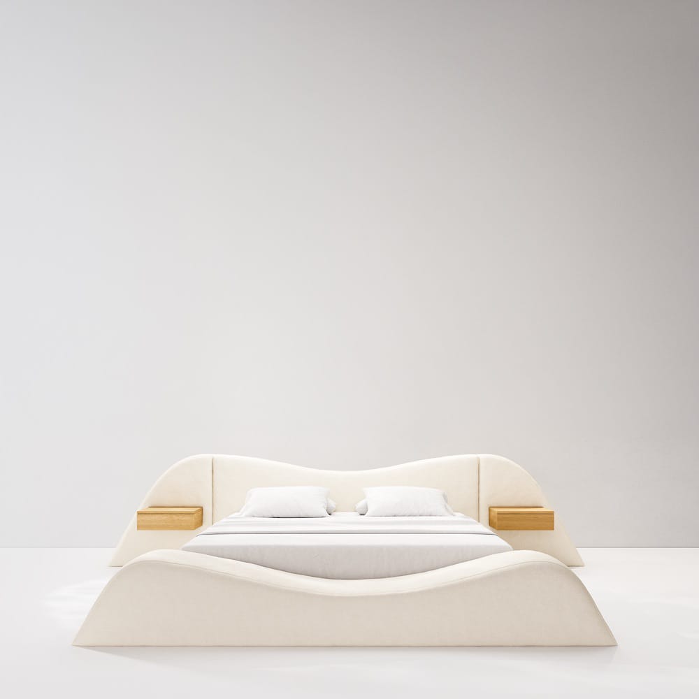 curved platform luxury bed, ozel uretim contemporary karyola, sculptural modern bedroom furniture, organic form designer yatak, soft minimal luxury karyola