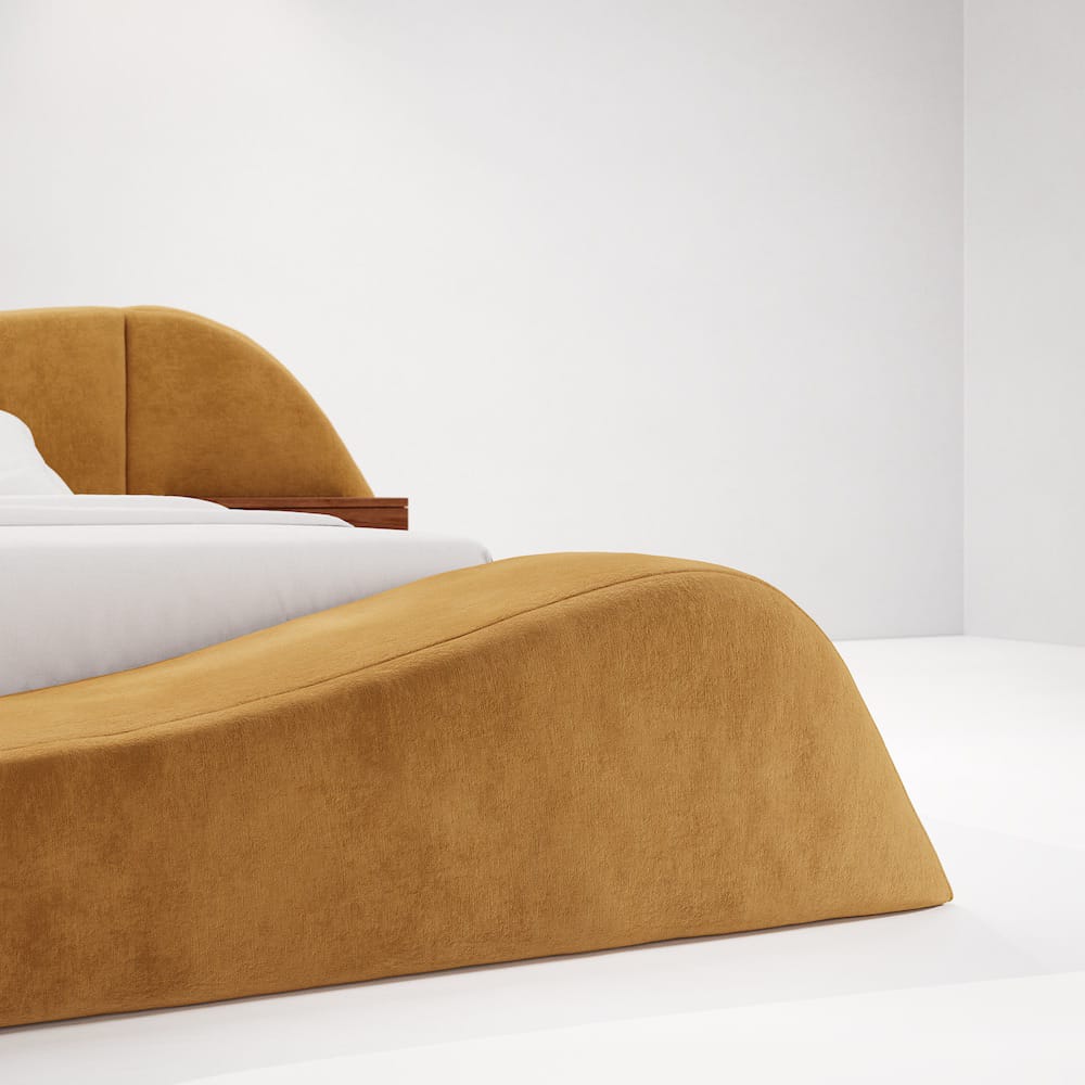 curved platform luxury bed, ozel uretim contemporary karyola, sculptural modern bedroom furniture, organic form designer yatak, soft minimal luxury karyola