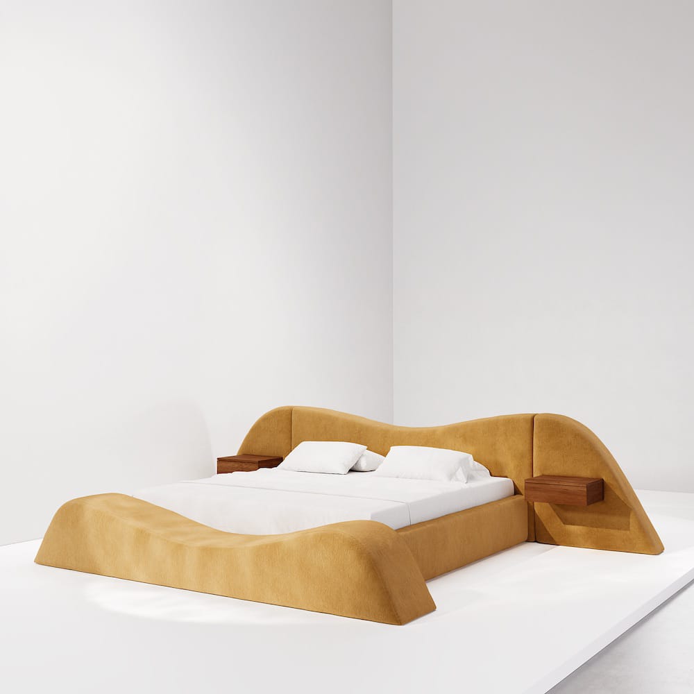 curved platform luxury bed, ozel uretim contemporary karyola, sculptural modern bedroom furniture, organic form designer yatak, soft minimal luxury karyola