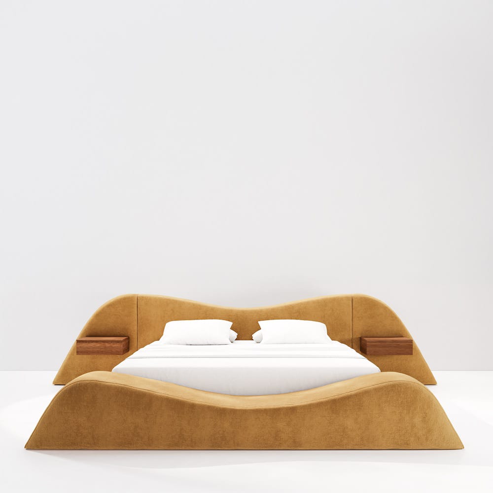curved platform luxury bed, ozel uretim contemporary karyola, sculptural modern bedroom furniture, organic form designer yatak, soft minimal luxury karyola