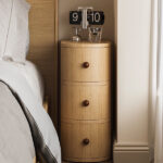 silindirik komodin, açık meşe bedside table, özel üretim modern komodin, japandi yatak odası mobilyası, contemporary yuvarlak komodin